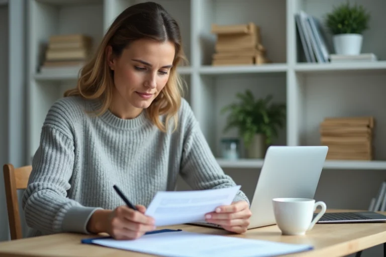 Femme lisant attentivement un contrat de réexpédition de courrier à son bureau à domicile avant résiliation