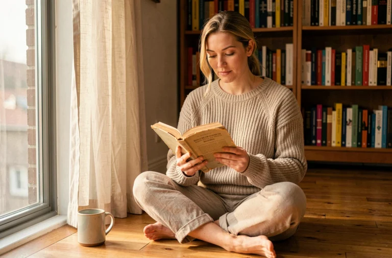Femme lisant un livre dans son salon cosy, profitant d'un moment de loisir quotidien