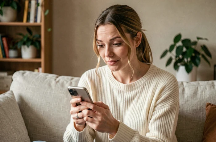 Jeune femme lisant un message sur son téléphone avec une expression intriguée, cherchant à comprendre les intentions derrière les mots reçus