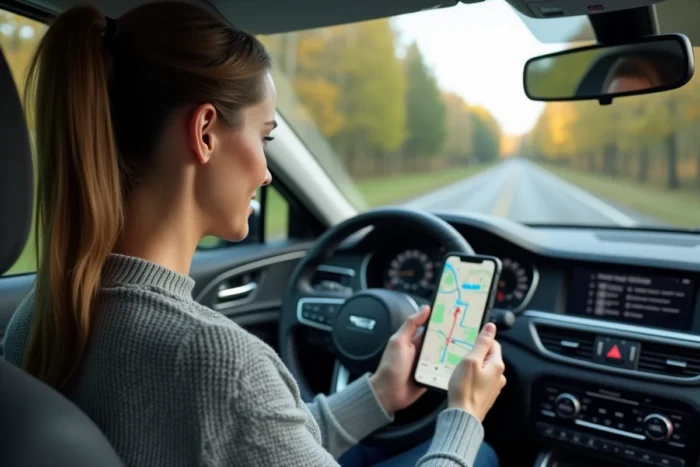 Femme consultant la navigation Michelin sur smartphone dans une voiture moderne pour planifier un trajet routier