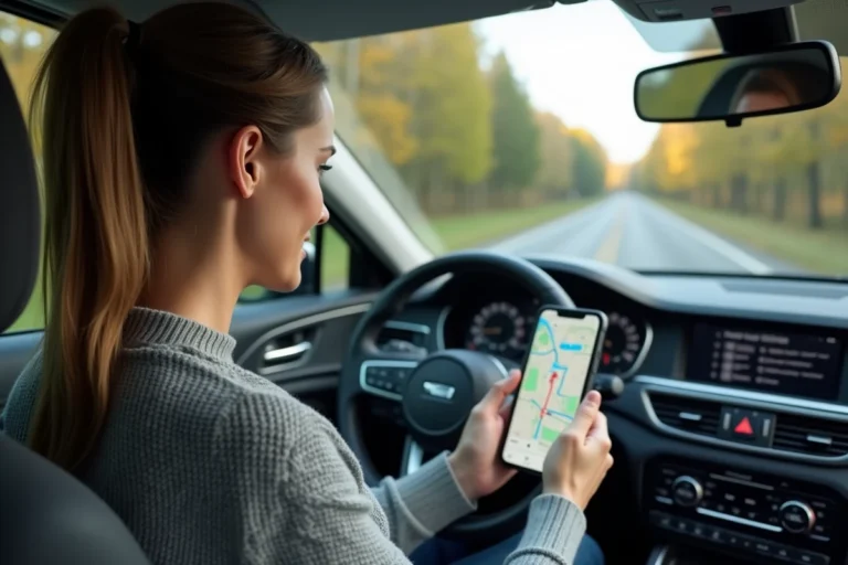 Femme consultant la navigation Michelin sur smartphone dans une voiture moderne pour planifier un trajet routier