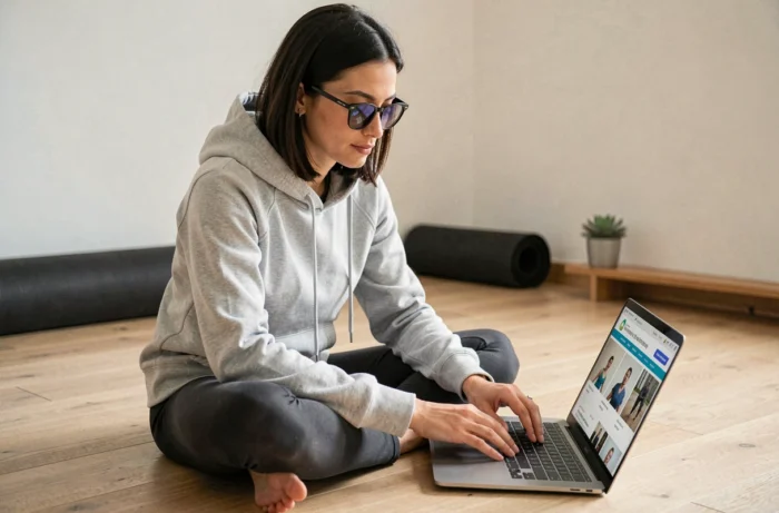 Femme consultant un site de sport et bien-être sur son ordinateur portable dans un espace fitness minimaliste à la maison
