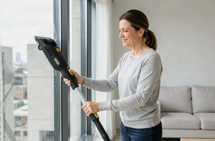 Femme utilisant un nettoyeur de vitres Karcher WV2 Plus sur une grande fenêtre dans un appartement moderne