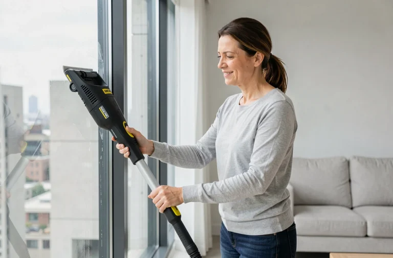 Femme utilisant un nettoyeur de vitres Karcher WV2 Plus sur une grande fenêtre dans un appartement moderne