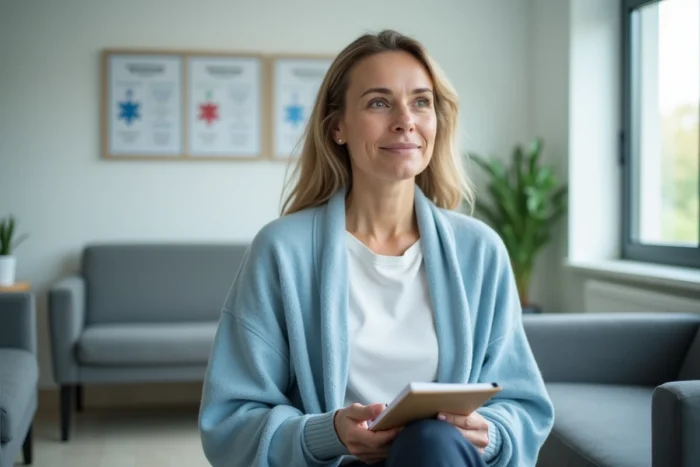 Femme adulte assise dans une salle d'attente médicale moderne avec un carnet, représentant le parcours de santé et de transformation personnelle de Tammy Slaton