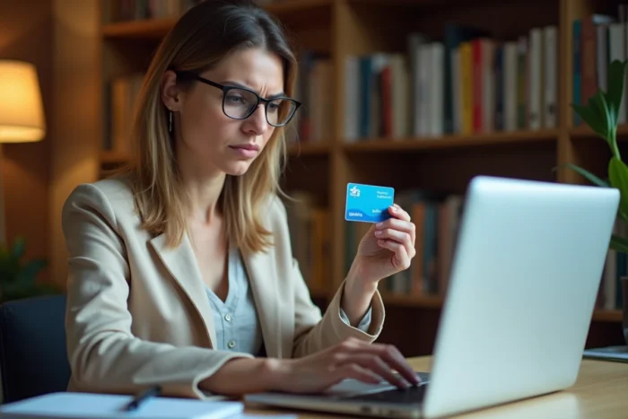 Femme consultant le portail Ameli sur son ordinateur portable en tenant sa carte Vitale, cherchant à résoudre un problème d'ALD manquante