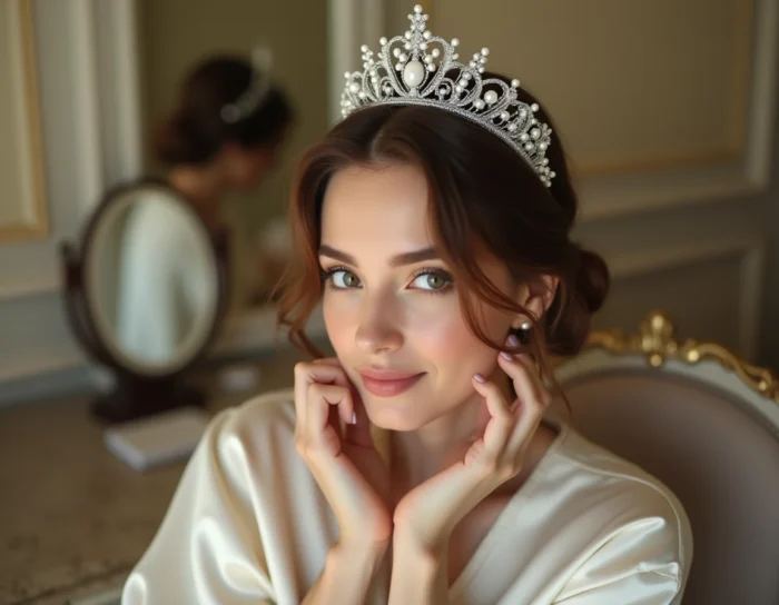 Jeune femme portant une tiare en argent ornée de perles devant un miroir de coiffeuse vintage, illustrant le port de la tiare pour un look élégant