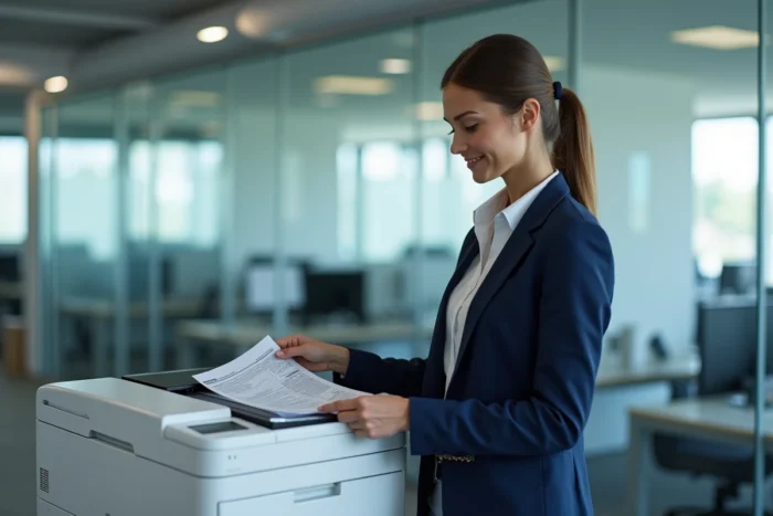 Femme professionnelle récupérant des documents imprimés depuis une imprimante Brother MFC-L3770CDW dans un open space moderne