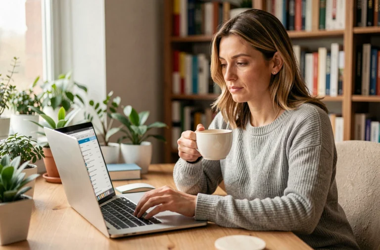 Femme cherchant un professionnel de santé en ligne sur un ordinateur portable depuis son bureau à domicile