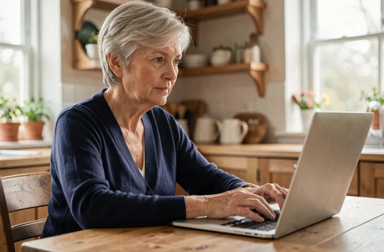 Femme senior utilisant un ordinateur portable pour dématérialiser sa carte senior SNCF depuis chez elle