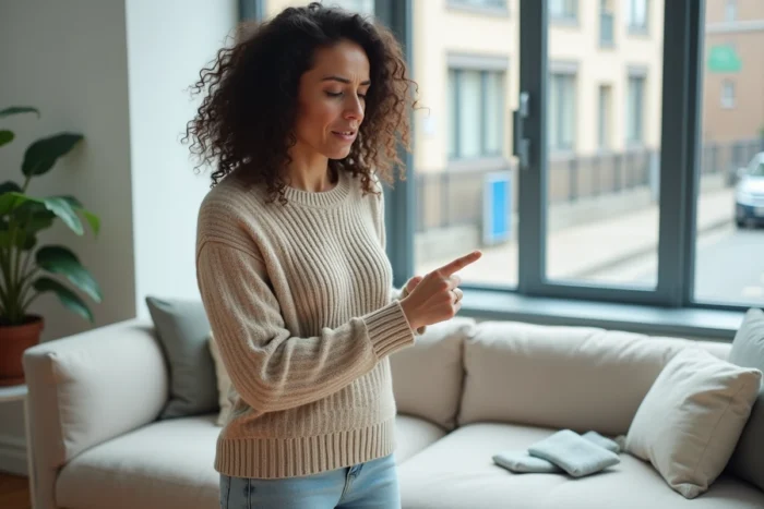 Femme signalant un dommage sur un canapé dans un logement Airbnb lors d'un séjour de location