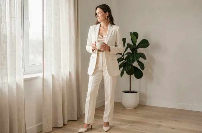 Femme en tenue monochrome blanc cassé dans un appartement scandinave minimaliste, style et élégance mode 2024