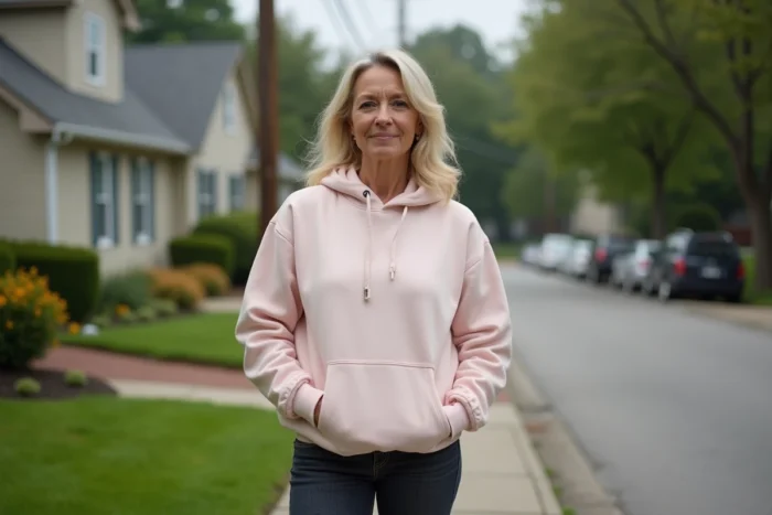 Femme adulte debout avec confiance devant une maison de banlieue américaine, symbolisant la transformation personnelle et le parcours de vie d'Amy Slaton