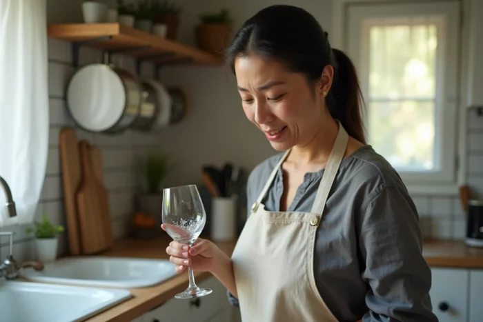 Femme surprise regardant un verre blanc cassé qu'elle vient de faire tomber dans sa cuisine, expression naturelle de saisissement