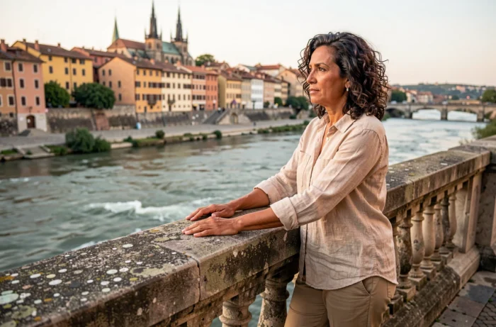 Femme en voyage debout sur un pont en pierre contemplant un fleuve traversant une ville européenne