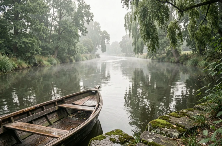 Large fleuve serpentant entre des rives verdoyantes avec brume matinale et barque en bois amarrée