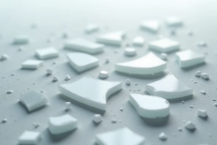 Fragments de verre blanc brisé disposés sur une surface en béton gris, texture détaillée des éclats translucides en vue rapprochée