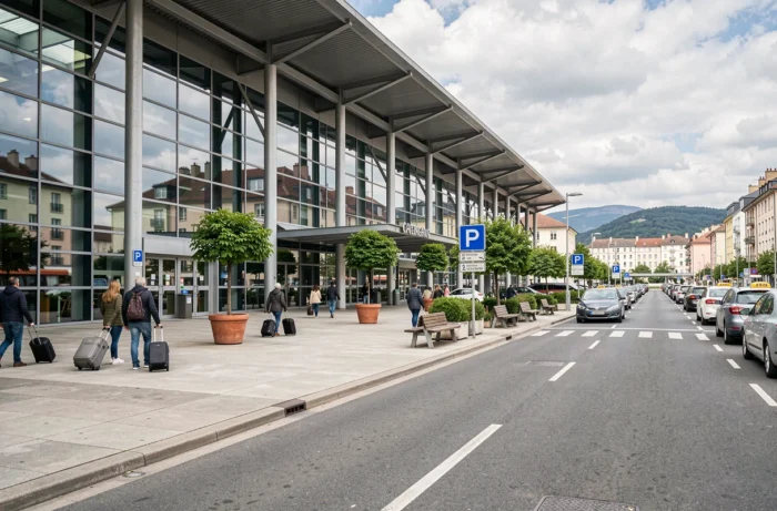 Façade de la gare TGV de Valence avec parking signalisé et voyageurs devant l'entrée