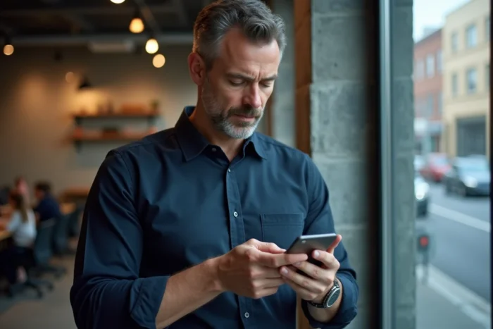 Homme gérant ses services en ligne via smartphone dans un espace de coworking moderne