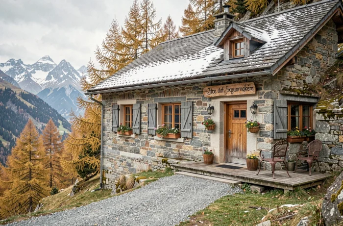 Gîte en pierre traditionnel de Savoie avec vue panoramique sur les Alpes et décor automnal