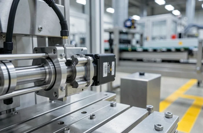 Gros plan sur le mécanisme d'actionneur linéaire et servomoteur d'un robot cartésien en production industrielle