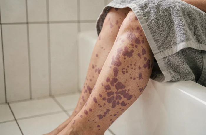 Gros plan sur des jambes présentant un aspect marbré et des taches vasculaires caractéristiques