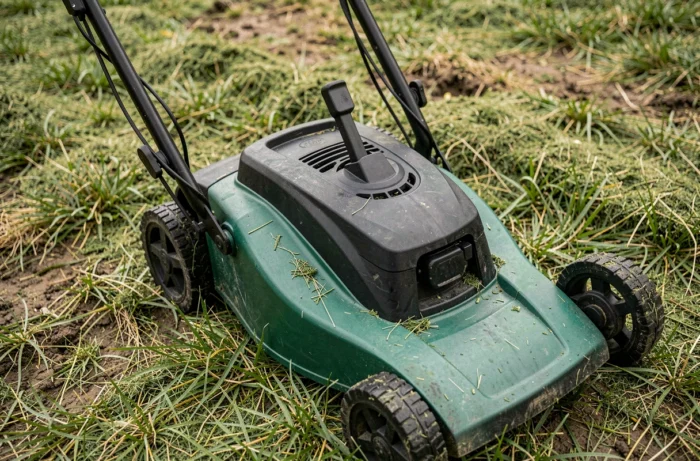 Gros plan sur la tondeuse électrique Teccpo TDLM01G posée sur une pelouse tondue