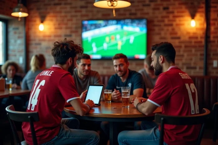 Groupe d'amis discutant de pronostics de matchs de football dans un bar sportif autour d'une tablette