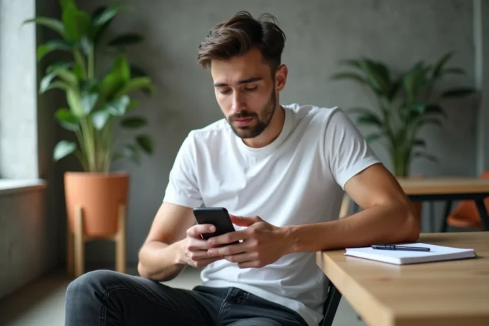 Jeune homme vérifiant les étapes pour passer un appel en PCV sur son téléphone portable dans un espace de coworking