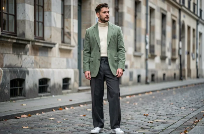 Homme en blazer vert sauge et pantalon large posant dans une rue pavée européenne, style mode tendance automne 2024