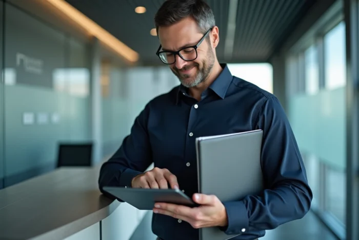 Homme en bureau professionnel consultant un coffre-fort en ligne sur tablette pour gérer ses documents officiels