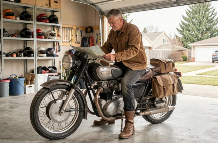 Homme de 55 ans assis sur une moto roadster dans un garage, consultant une carte routière avant un départ