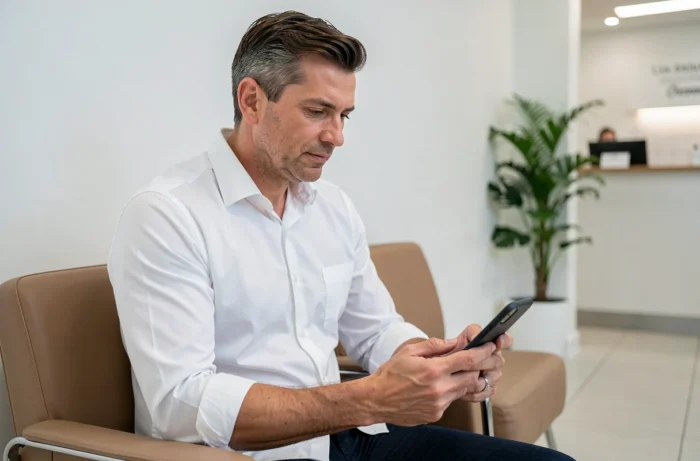 Homme consultant des avis de médecins en ligne sur son smartphone dans une salle d'attente médicale moderne