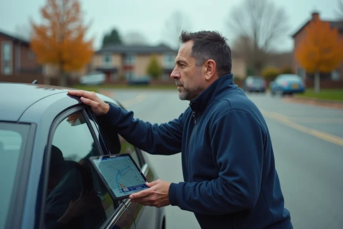 Homme debout près de sa voiture consultant une carte de navigation Michelin sur tablette pour organiser son itinéraire