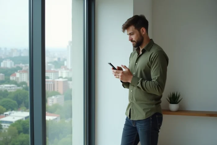Homme consultant un profil sur une application de rencontres depuis son smartphone dans un appartement minimaliste