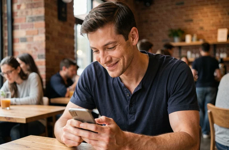 Homme souriant qui envoie un message sur son téléphone dans un café moderne, illustrant les intentions derrière un message flatteur