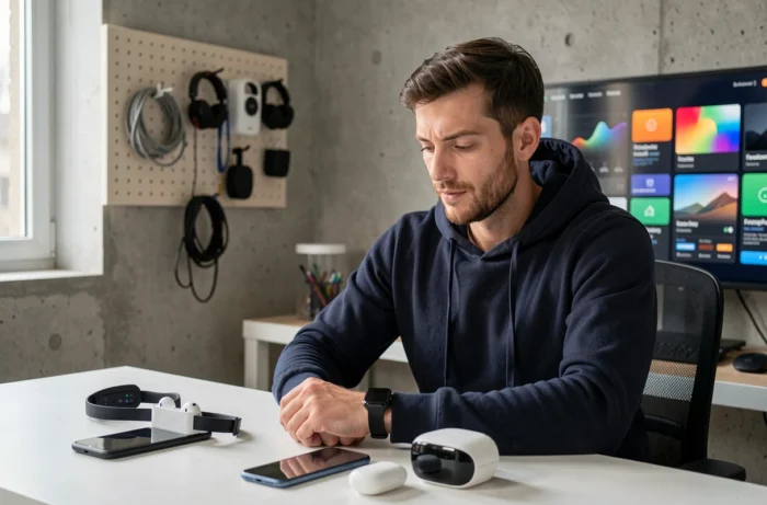 Homme geek dans les années 30 explorant les dernières tendances high-tech 2024 avec smartwatch et gadgets sur un bureau minimaliste moderne