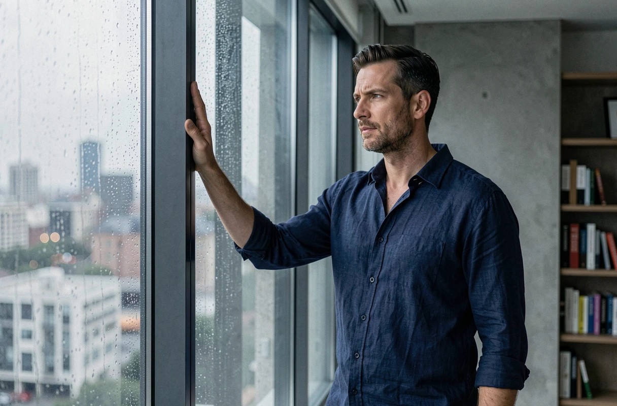 Homme pensif devant une fenêtre pluvieuse symbolisant l'hypersensibilité et la profondeur émotionnelle