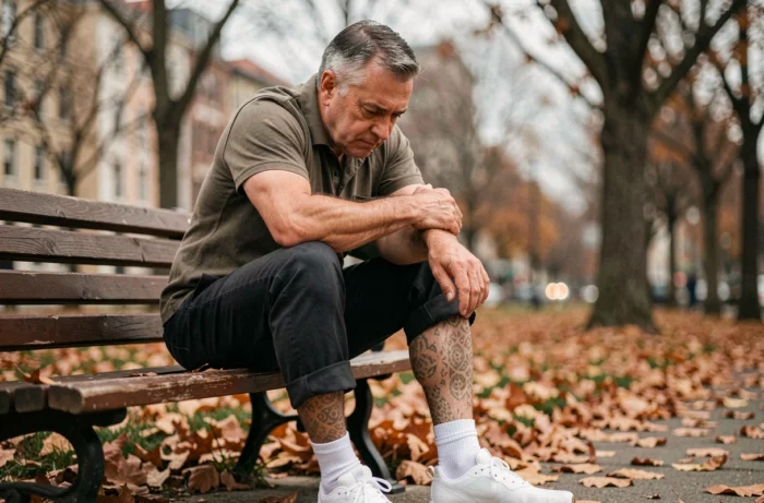 Homme d'âge mûr assis sur un banc de parc examinant ses jambes présentant des marbrures cutanées