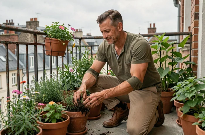 Homme prenant soin de son jardin de balcon urbain, activité de loisir relaxante au quotidien