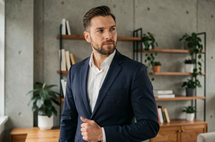 Homme moderne bien habillé dans un appartement minimaliste, illustrant les conseils de mode masculine et soins personnels