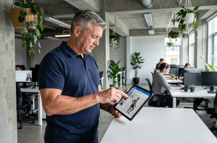 Homme consultant une plateforme sport et bien-être sur une tablette dans un espace de coworking moderne