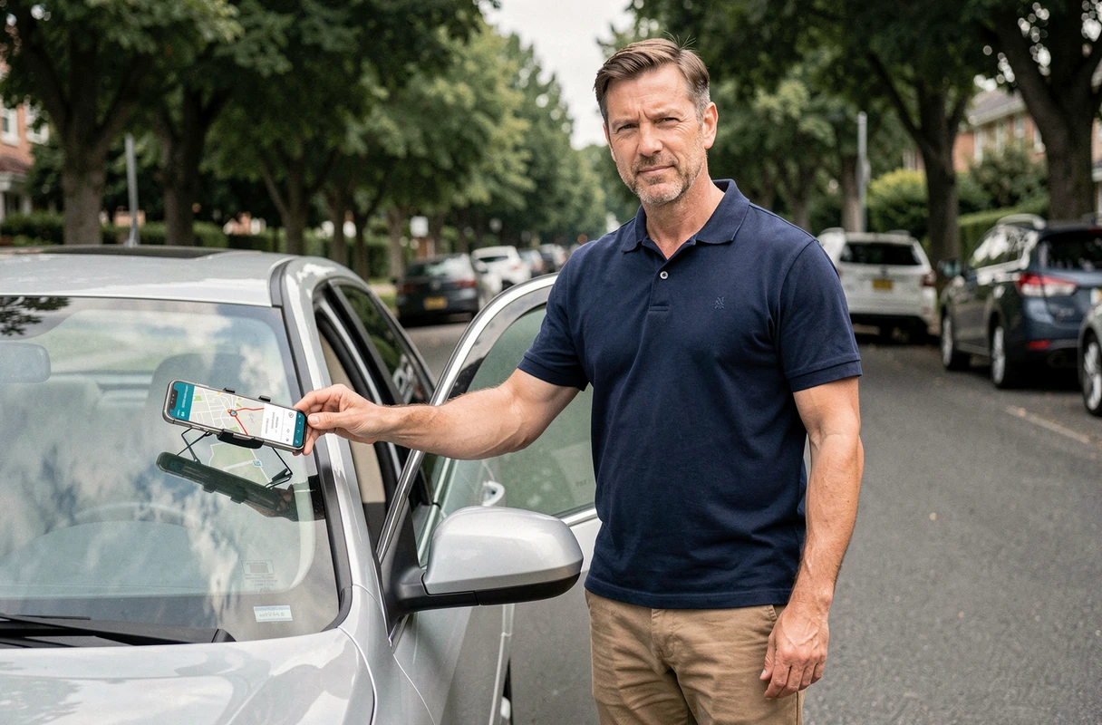 Homme installant l'application de navigation ViaMichelin sur support voiture avant un trajet routier