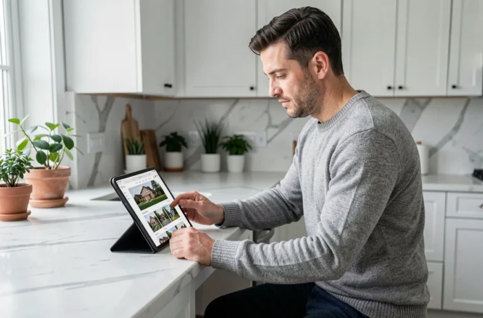 Homme consultant des annonces immobilières en ligne sur une tablette dans une cuisine moderne
