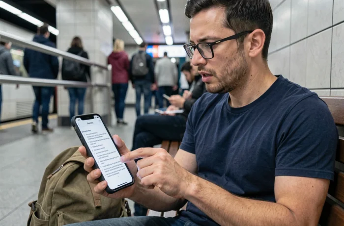 Homme révisant les questions du permis de conduire sur son téléphone dans le métro