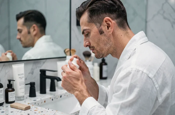 Homme appliquant un soin visage dans une salle de bain moderne, illustrant la routine beauté et le soin de la peau pour hommes