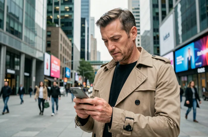 Homme consultant son smartphone en ville avec des écrans publicitaires numériques en arrière-plan en 2026
