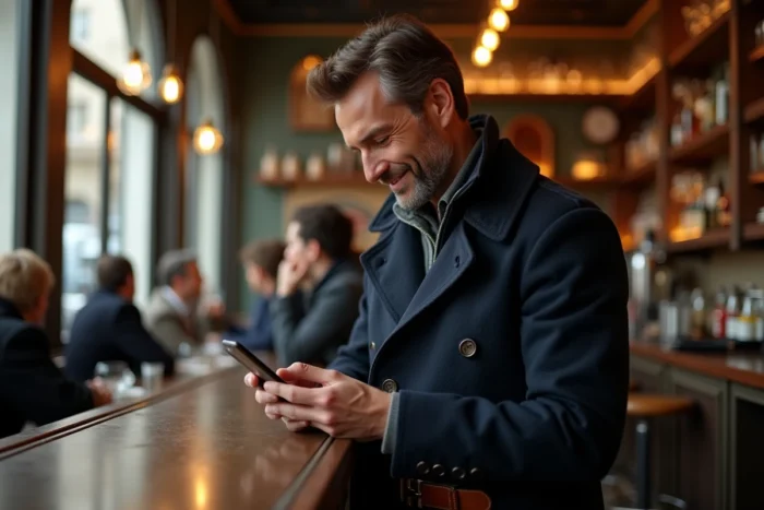 Homme élégant consultant les offres des soldes Hermès sur son smartphone dans un café parisien chic