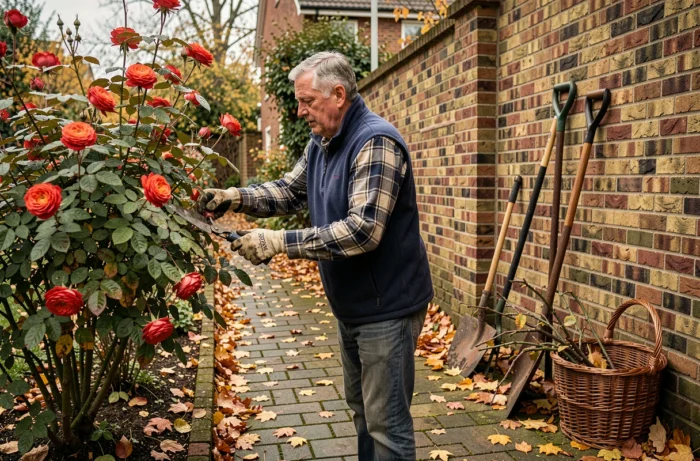 Homme âgé taillant des rosiers le long d'un mur de briques dans un jardin en automne