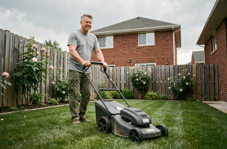 Homme utilisant une tondeuse électrique Teccpo TDLM01G dans un jardin résidentiel soigné